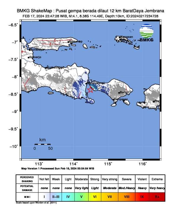 Gempa bumi di Jembrana juga dirasakan di Banyuwangi,  Sabtu malam hingga Minggu pagi 17-18 Februari 2024. (Foto: dok. bmkg)