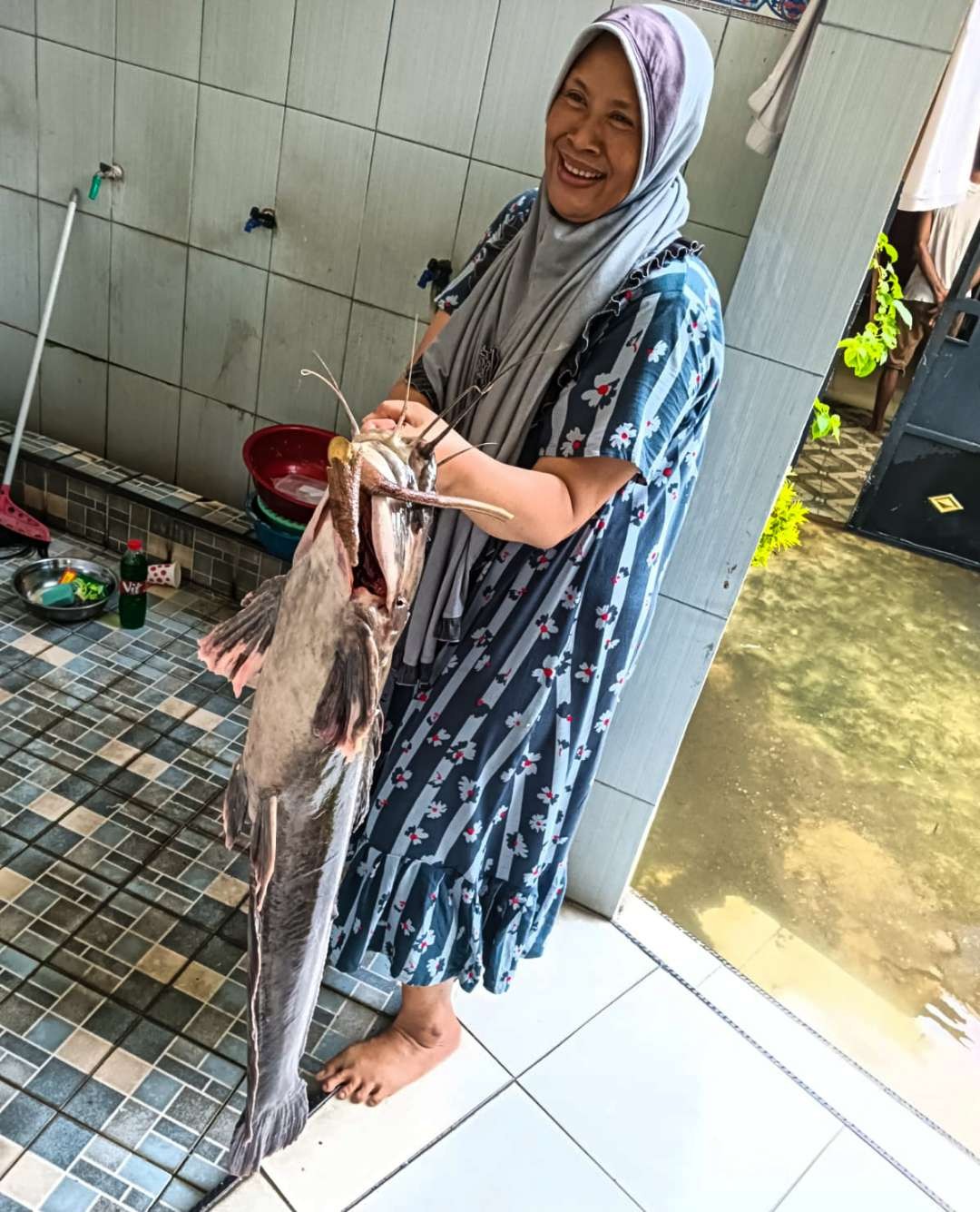 Penampakan lele dumbo temuan warga Trosobo di tengah banjir (foto :Aini/Ngopibareng.id)