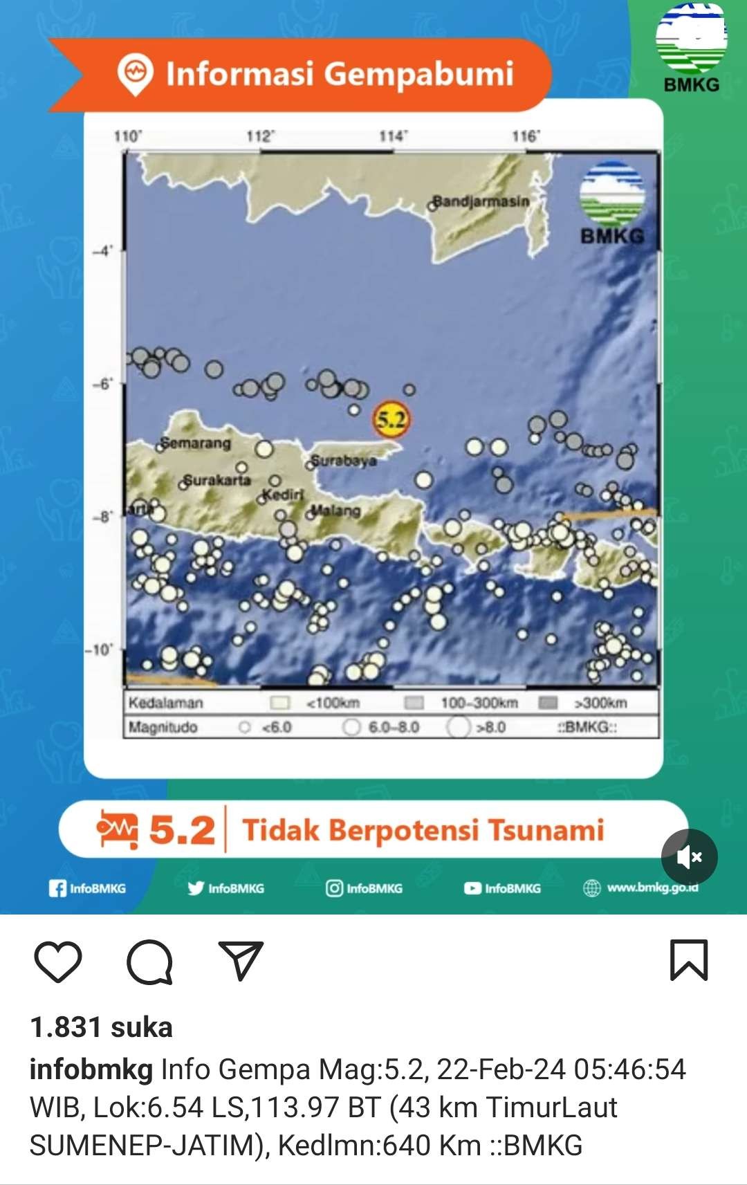 Informasi BMKG terkait gempa Sumenep, Jawa Timur, Kamis 22 Februari 2024 pukul 05.46.54 WIB. (Foto: Instagram @infobmkg)