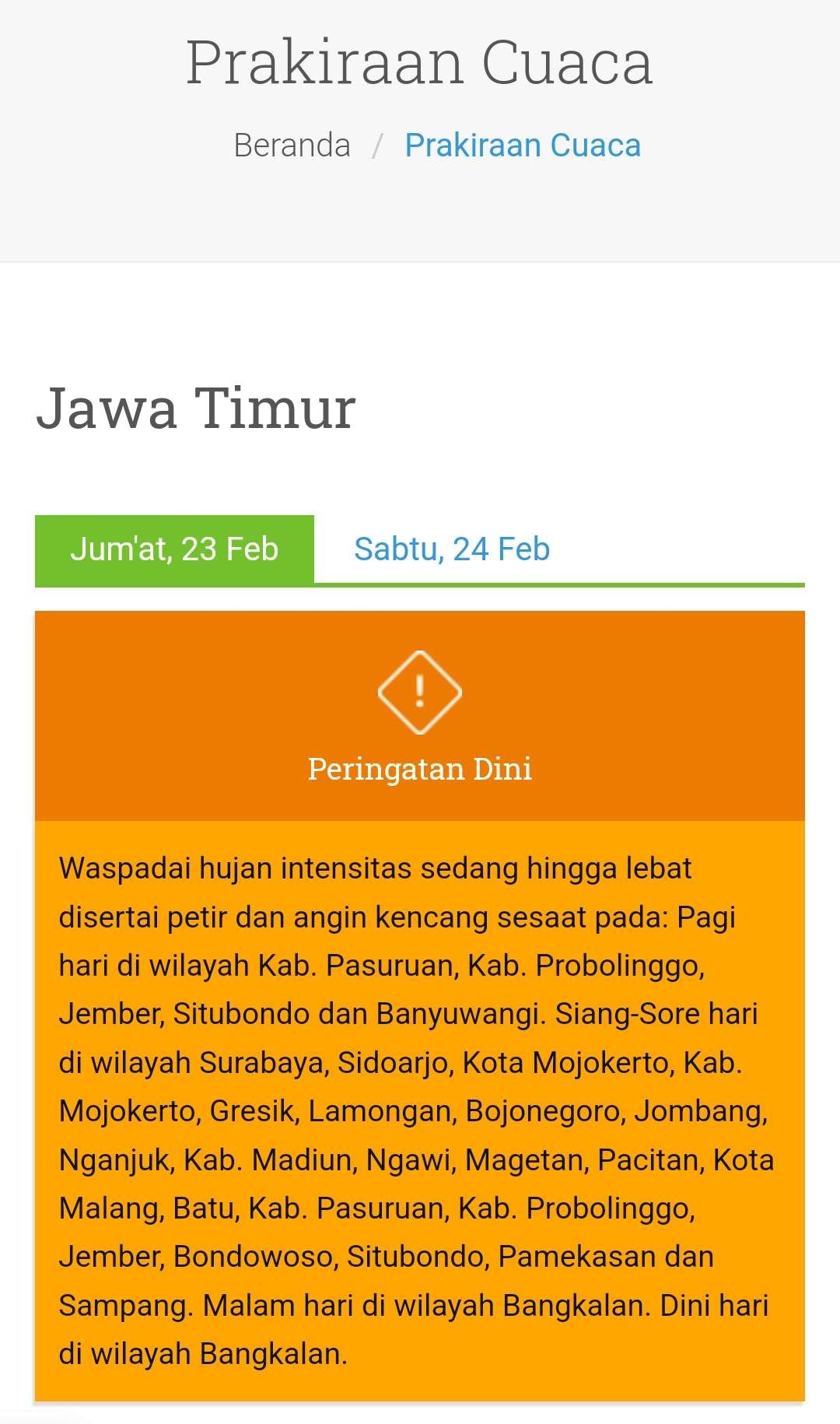 Peringatan dini prakiraan cuaca ekstrem di Jawa Timur, Jumat 23 Februari 2024. (Foto: BMKG)