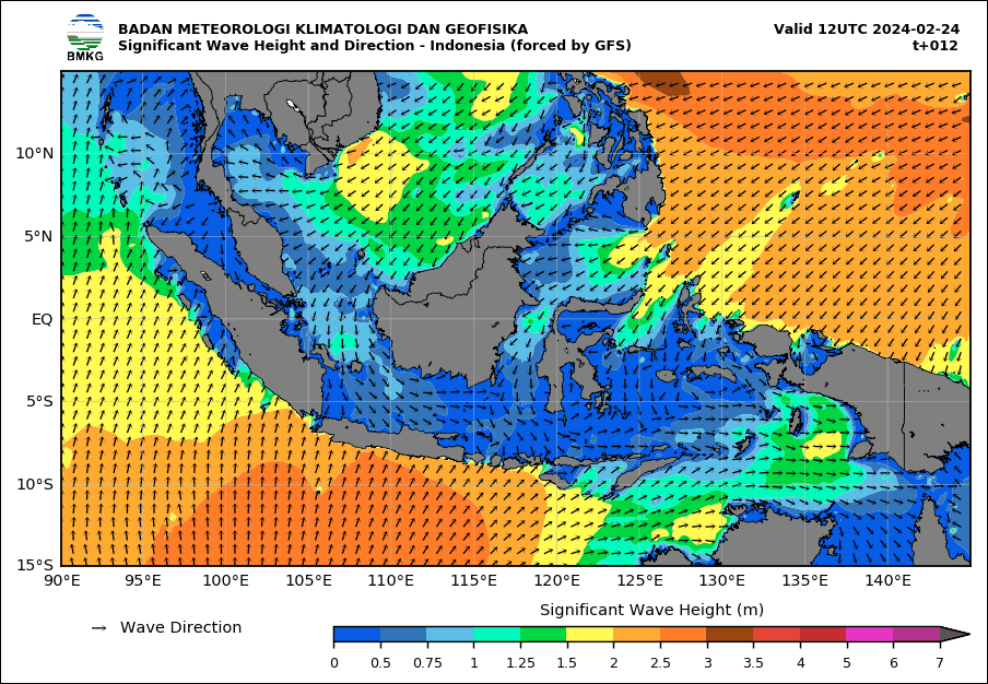 Peta ombak besar terpantau pada Sabtu 24 Februari 2024. (Data: bmkg)
