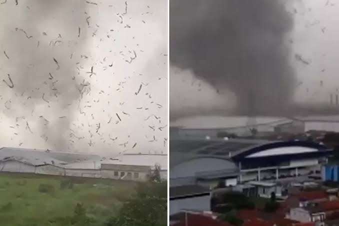 Puting beliung yang terjadi di Rancaekek, Bandung, 21 Februari 2024, merupakan kejadian langka atau jarang terjadi. (Foto: Istimewa/Kolase)