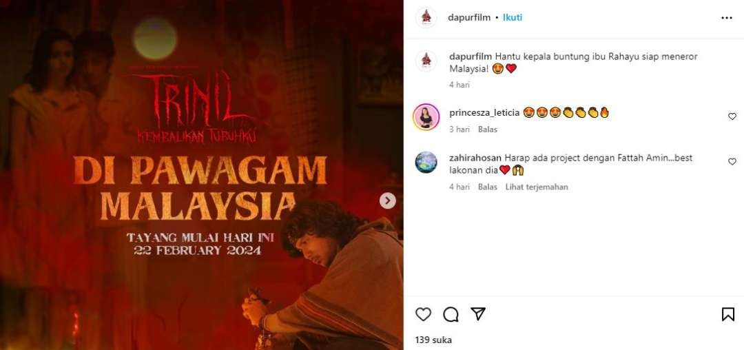 Film Trinil saat ini tayang di Malaysia, Brunei, dan Singapura, setelah turun dari layar bioskop Tanah Air. (Foto: Instagram @dapurfilm)