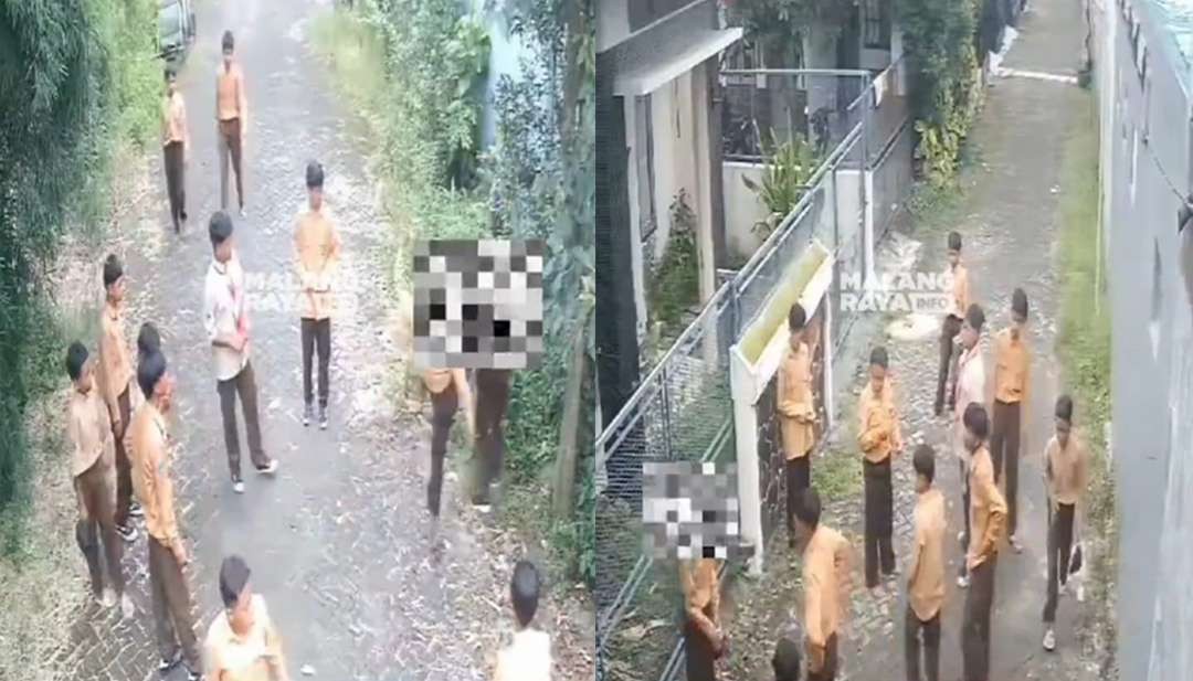 Tangkapan layar video CCTV yang merekam aksi bullying atau perundungan disertai kekerasan oleh sekelompok pelajar kepada salah seorang teman sebayanya yang diunggah akun Instagram Malang Raya Info (@malangrayainfo) pada, Jumat malam, 1 Maret 2024. (Foto: Instagram/@malangrayainfo)