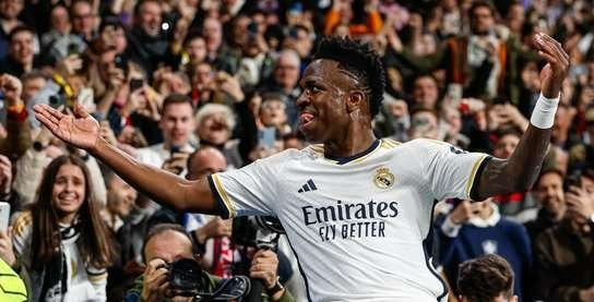 Vinicius Junior mencetak satu-satunya gol Real Madrid ke gawang RB Leipzig pada laga leg kedua babak 16 besar Liga Chamopions 2023-2024