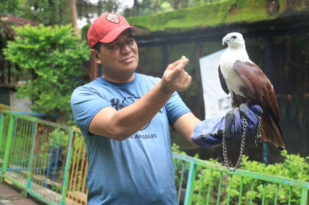 Pj Walikota Probolinggo, Nurkholis memegang Elang Jawa. (Foto: Dinas Kominfo)