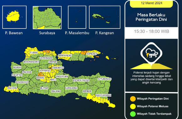 Badan Meteorologi, Klimatologi dan Geofisika (BMKG) Stasiun Meteorologi Juanda mengeluarkan peringatan dini cuaca ekstrem, untuk Mojokerto dan beberapa wilayah lain, Selasa 12 Maret 2024, hari ini. (Foto: Twitter @BMKGJuanda)