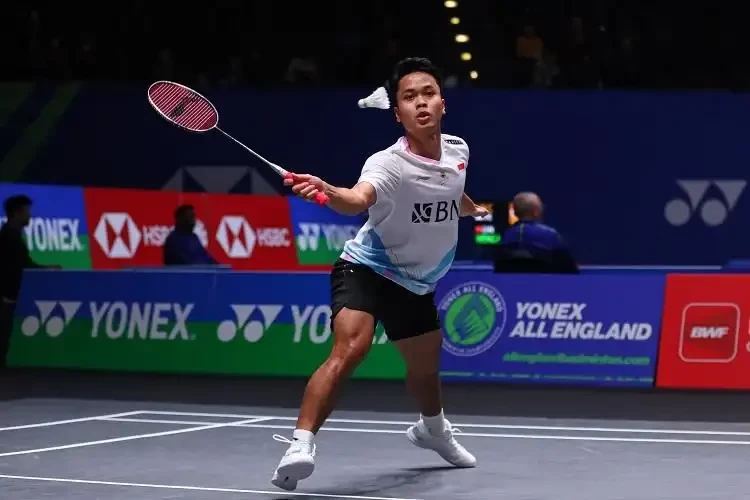 Tunggal putra Indonesia Anthony Sinisuka Ginting ke final All England 2024. Dia mengalahkan wakil Prancis Christo Popov 19-21, 21-5 dan 21-11. (Foto: Dok PBSI)