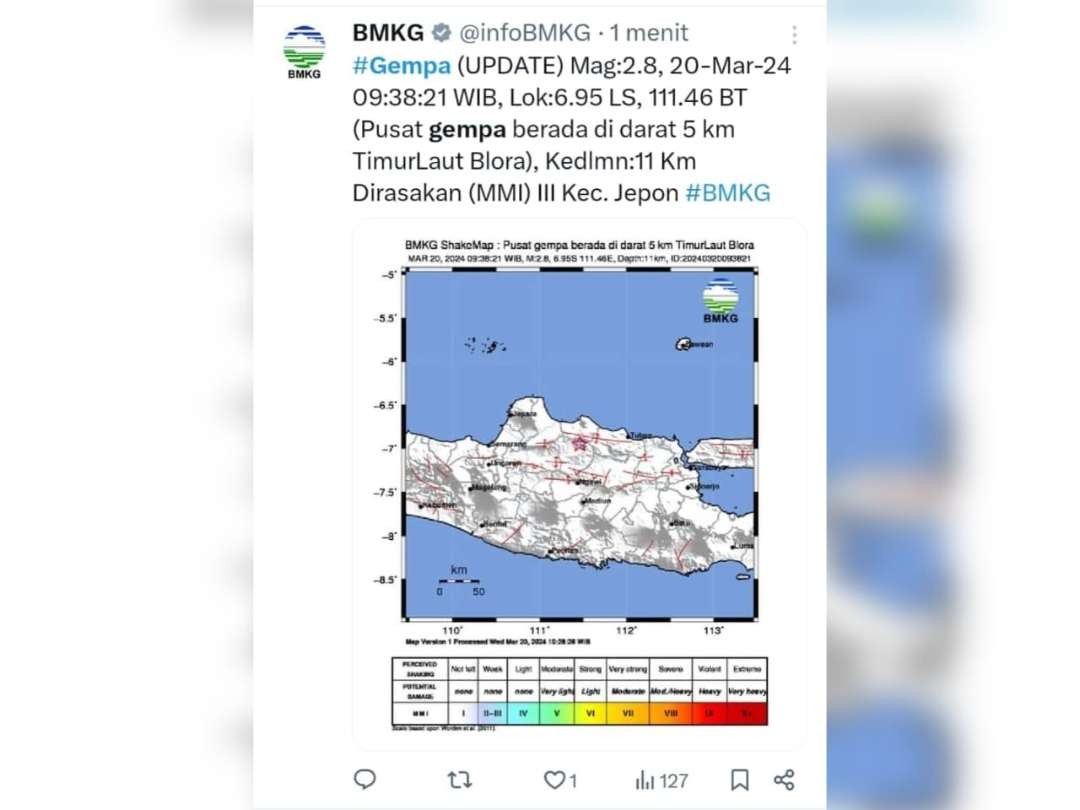 Lokasi titik gempa bumi di wilayah Kabupaten Blora. (Foto: BMKG)