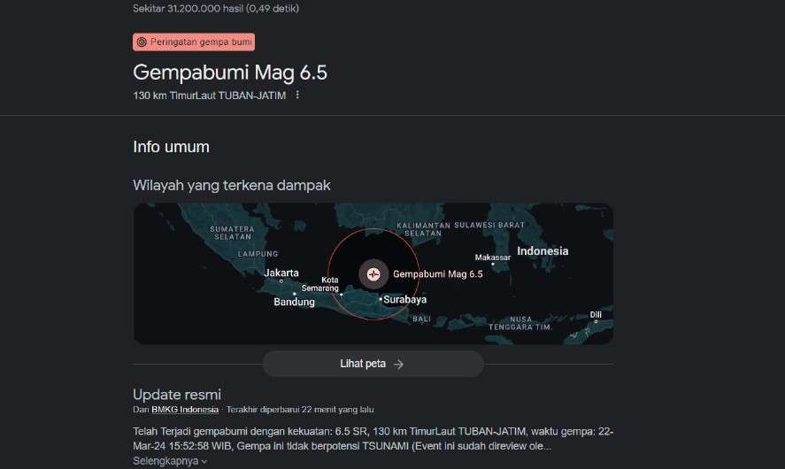 Gempa Kembali terjadi di Kota Surabaya. (Foto: BMKG dan Google)