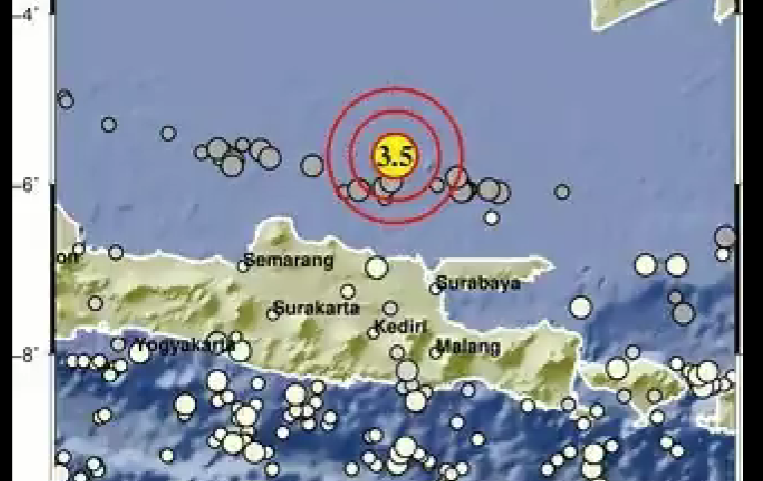 Guncangan demi guncangan gempa muncul di wilayah Tuban. Terbaru gempa sebesar 3,5 magnitudo, pada pukul 16.28 WIB. (Foto: Twitter @InfoBMKG)