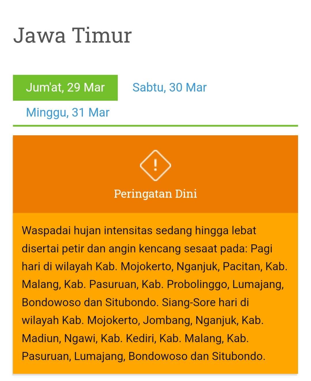 Peringatan dini prakiraan cuaca Jawa Timur, Sabtu 30 Maret 2024. (Foto: BMKG)