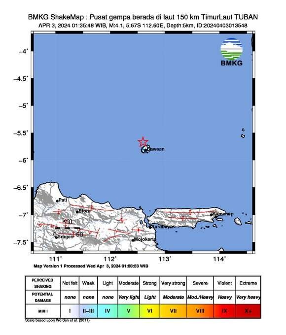 Gempa bawean yang terjadi pada Rabu 3 April 2024. (Foto: bmkg)