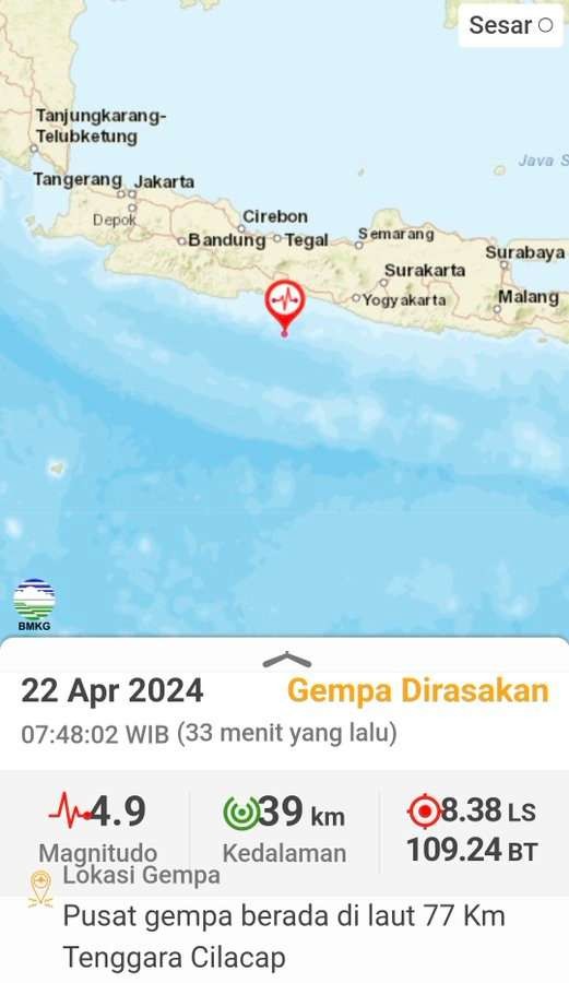 Gempa bumi di Cilacap, pada Senin 22 April 2024. (Foto: dok: @infomitigasi)