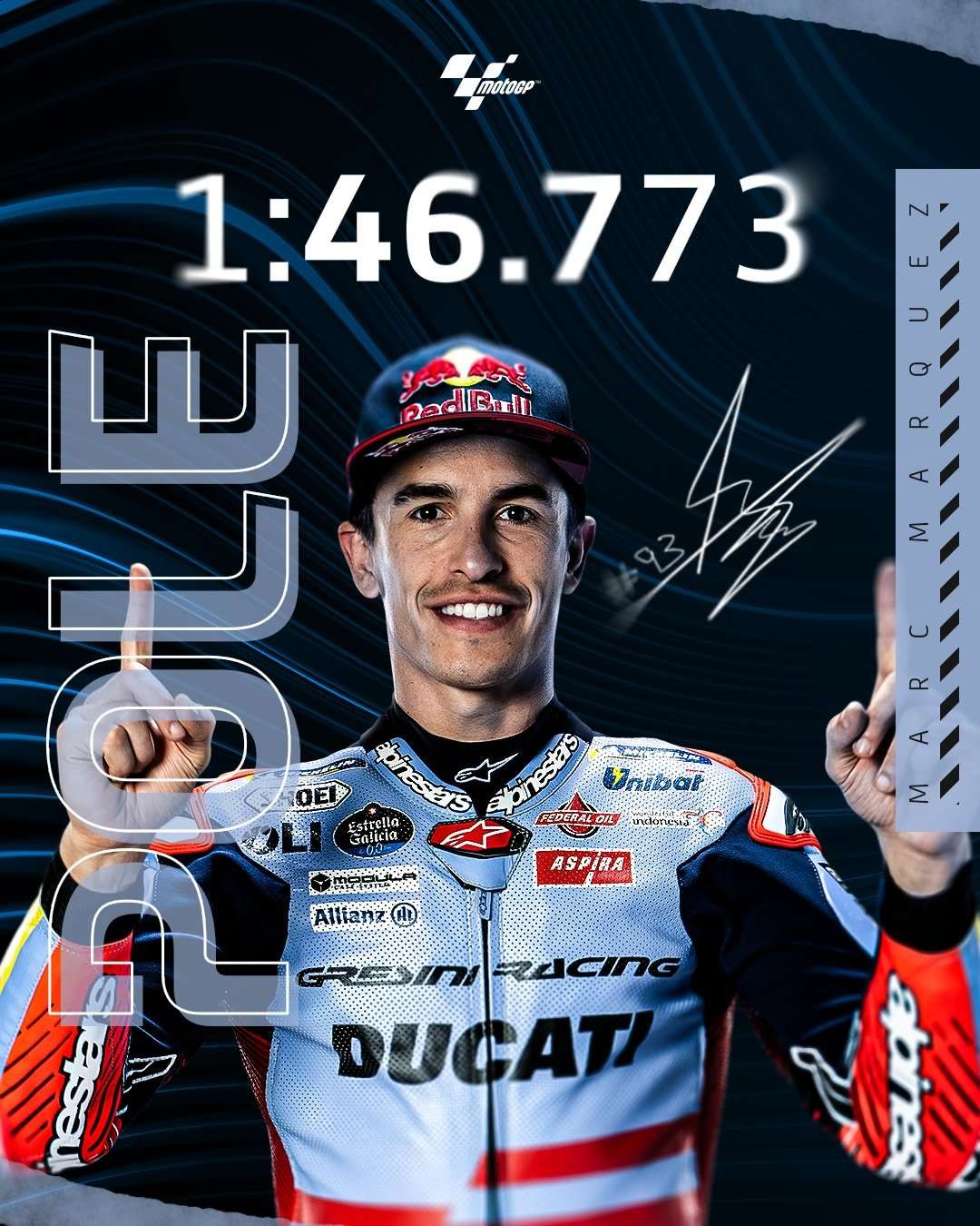 Marc Marquez pole position perdana dengan tunggangan barunya, Gresini Ducati di MotoGP Spanyol, Sabtu 27 April 2024. (Foto: X MotoGP)