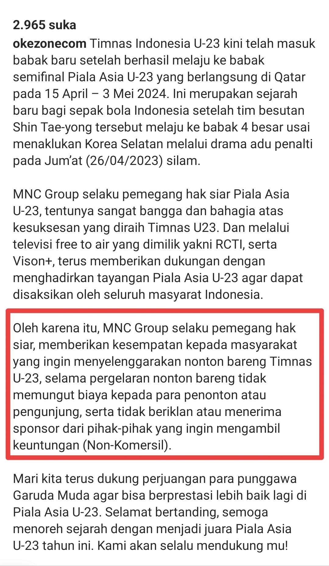 MNC Group memberikan izin nobar non-komersial. (Foto: Instagram @okezonecom)