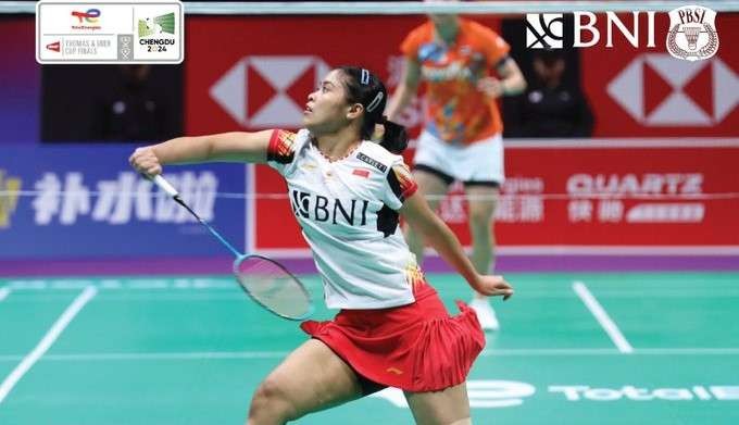 Gregoria Mariska Tunjung membawa Indonesia untuk sementara unggul 1-0 atas Thailand pada perempat final Piala Uber atau Uber Cup, Jumat, 3 Mei 2024. (Foto: PBSI)