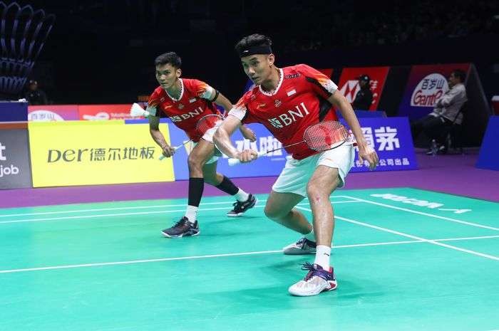 Pasangan ganda putra Indonesia, Muhammad Shohibul Fikri/Bagas Maulana partai terakhir final Thomas Cup 2024 melawan China. (Foto: PBSI)