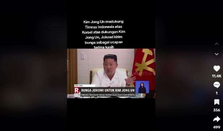 Tangkapan Layar Presiden Korea Utara (Korut) Kim Jong Un yang diklaim menerima bunga dari Presiden Jokowi karena mendukung Timnas. (Foto: Tangkapan Layar)