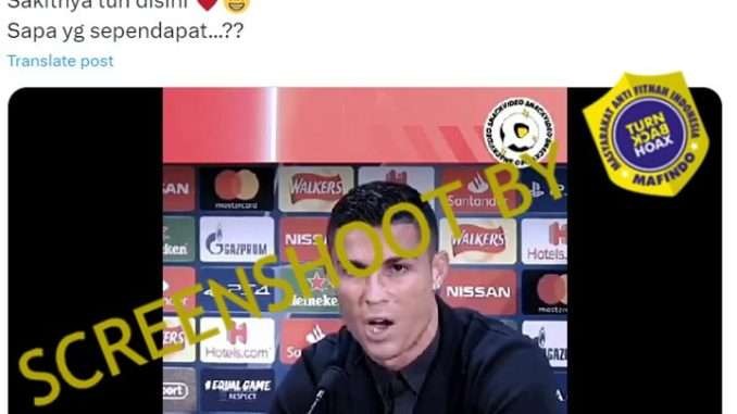 Tangkapan layar sebuah video konferensi pers yang dilakukan oleh Cristiano Ronaldo. Konferensi pers ini diklaim disampaikan oleh Ronaldo terkait kecurangan dalam pertandingan Piala Asia U-23 2024 yang berlangsung di Qatar. (Foto: Tangakapan Layar)