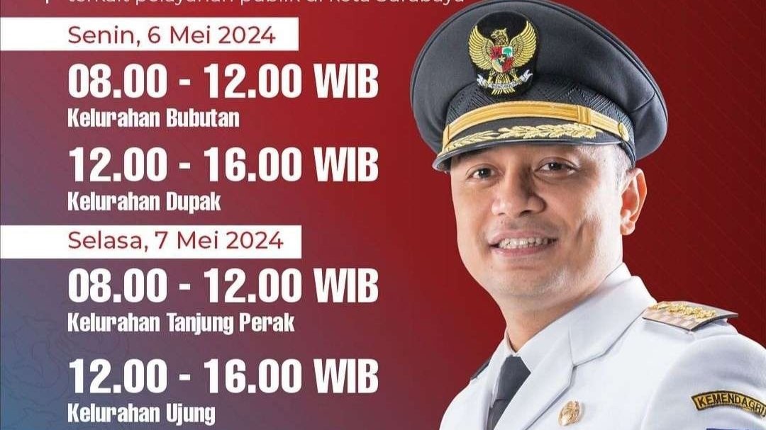 Walikota Surabaya Eri Cahyadi punya jadwal ngantor di kelurahan selama tiga hari, mulai Senin 6 Mei 2024. (Grafis: Instagram @surabaya)