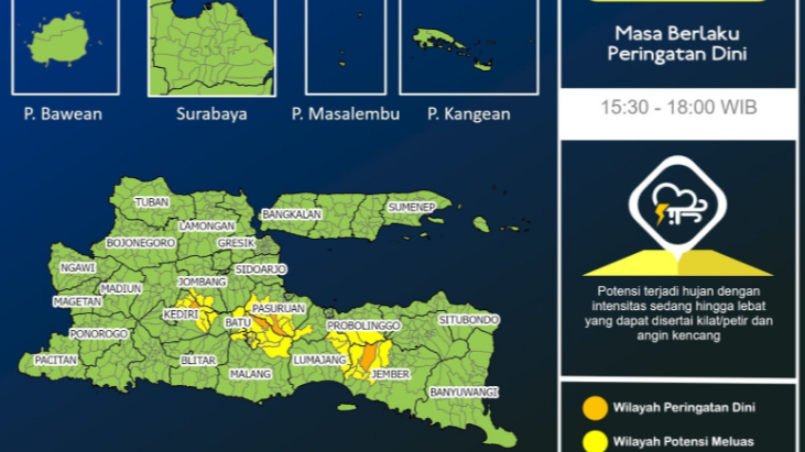 Badan Meteorologi, Klimatologi dan Geoifisika (BMKG), Stasiun Meteorologi Juanda mengeluarkan peringatan dini cuaca ekstrem setiap tiga jam sekali, pada Selasa 7 Mei 2024, sore hari ini. (Foto: Twitter BMKG)