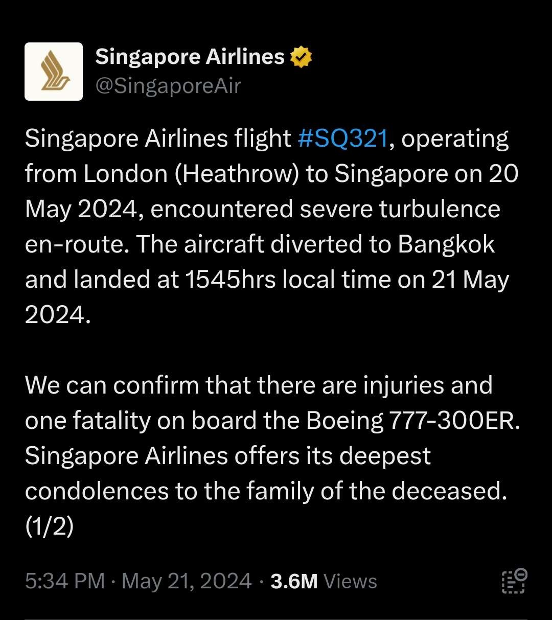 Penjelasan Singapore Airlines terkait turbulensi. (Foto: X)