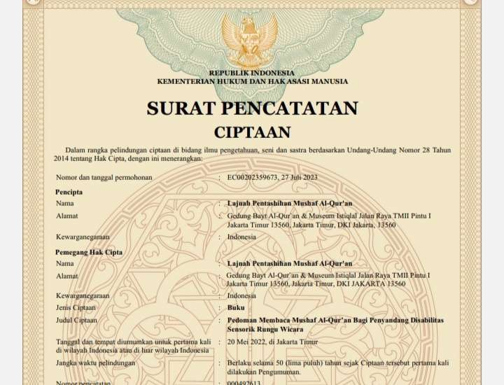 Lajnah Pentashihan Mushaf Al-Qur'an (LPMQ) telah menerima Sertifikat Hak Cipta atas 9 produk hasil kajiannya dari Dirjen Kekayaan Intelektual. (Foto: Istimewa)