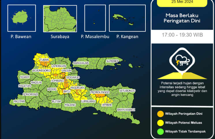 BMKG Stasiun Meteorologi Juanda mengeluarkan peringatan dini cuaca ekstrem untuk sejumlah wilayah di Jawa Timur, pada Sabtu 25 Mei 2024, hari ini. (Foto: Twitter BMKG Juanda)