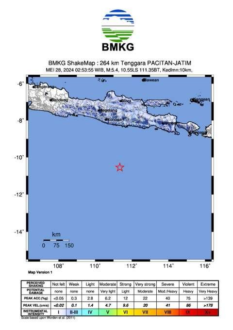 Gempa bumi magnitude 5,5 di Tenggara Pacitan, Jawa Timur pada Selasa 28 Mei 2024. (Foto: dok. bmkg)