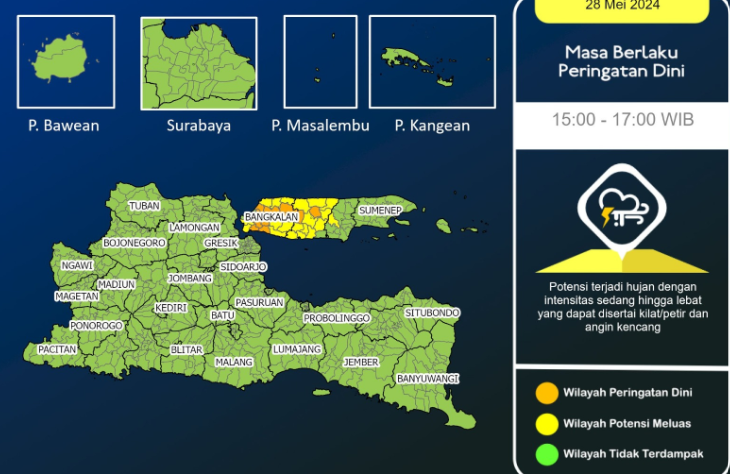 BMKG Stasiun Klimatologi Juanda mengeluarkan peringatan dini cuaca ekstrem di sejumlah wilayah Jawa Timur pada Selasa 28 Mei 2024 hari ini. (Foto: Twitter BMKG Juanda)