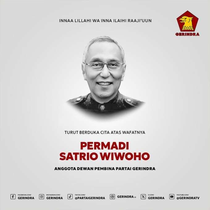 Ucapan duka cita untuk Permadi dari Partai Gerindra yang menaunginya. (Foto: X)