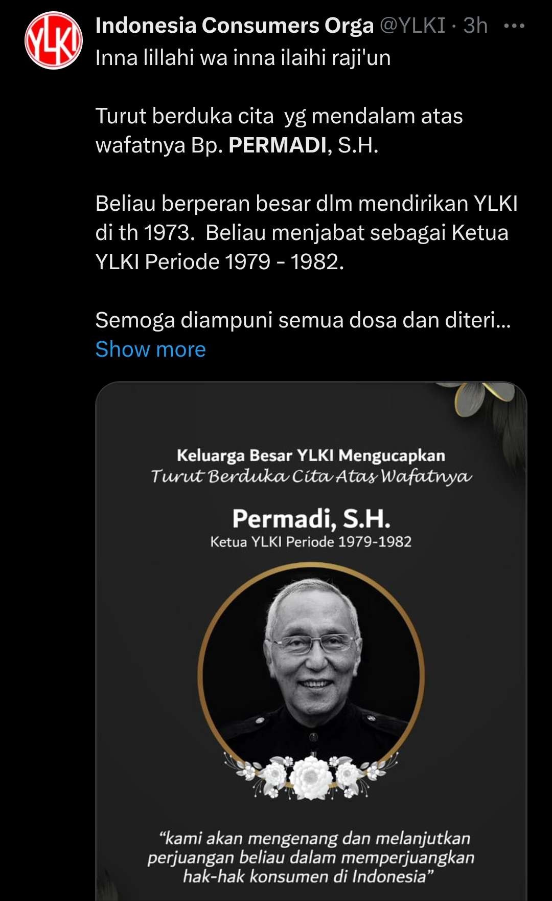 U apaan duka cita untuk Permadi dari YLKI. (Foto: X)