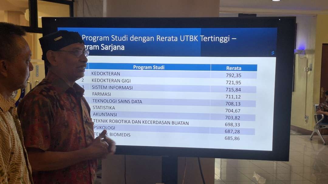 Rektor Universitas Airlangga, Prof. Mohammad Nasih saat menjelaskan sepuluh program studi dengan rerata nilai tertinggi dalam UTBK-SNBT 2024. (Foto: Julianus Palermo/Ngopibareng.id)