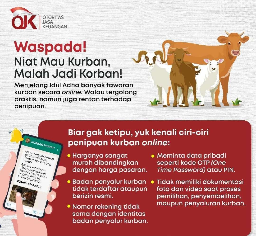 Imbauan OJK agar masyarakat waspada penipuan penjualan hewan kurban online. (Foto: Instagram OJK)