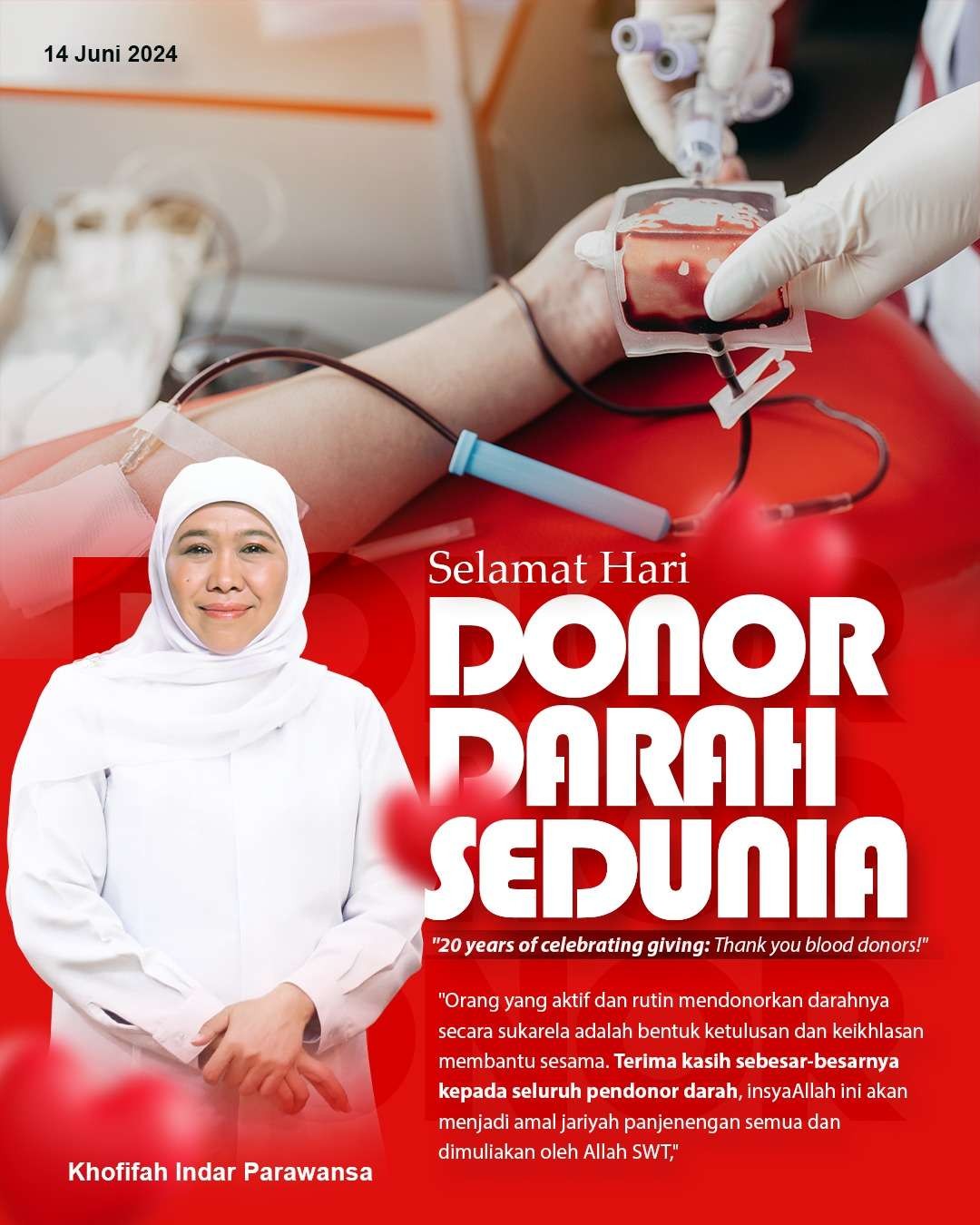 Khofifah merayakan Hari Donor Darah Sedunia. (Foto: Instagram Khofifah)