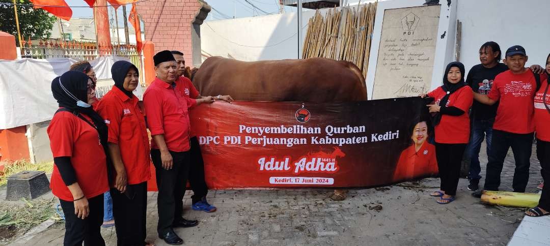 DPC PDI-P Kabupaten Kediri sembelih sapi kontes dengan berat 1,1 ton pemberian Seskab Pramono Anung. (Foto: Fendi Lesmana/Ngopibareng.id)