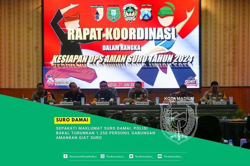 Pengamanan pada bulan Suro dibahas dalam rapat koordinasi di Polres Madiun Kota, Kamis 27 Juni 2024. Rakor diikuti Forkopimda termasuk Pj Wali Kota Madiun, Eddy Supriyanto. (Foto: dok. Humas kota madiun)