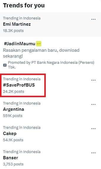 Tanda pagar atau tagar (#) SaveProfBUS masih trending di media sosial X, Jumat 5 Juli 2024. (Foto: Tangkapan layar)