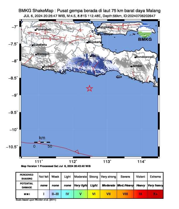 Gempa bumi magnitude 4,5 terjadi di Kabupaten Malang, pada Sabtu 6 Juli 2024. (Foto: dok. bmkg)