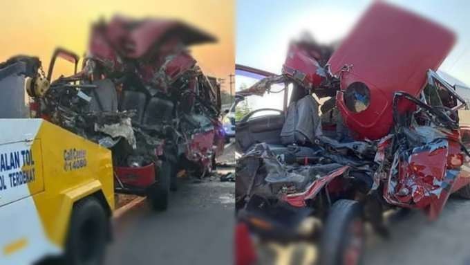 Kecelakaan mobil Isuzu Elf rombongan guru SD di Kenjeran Surabaya menghantam truk tronton muatan batu bata di Tol Solo-Ngawi KM 497+800 jalur B atau arah timur ke barat Desa Sindon, Kecamatan Ngemplak, Boyolali, Sabtu 13 Juli 2024 pukul 03.15 WIB. (Foto: Istimewa)