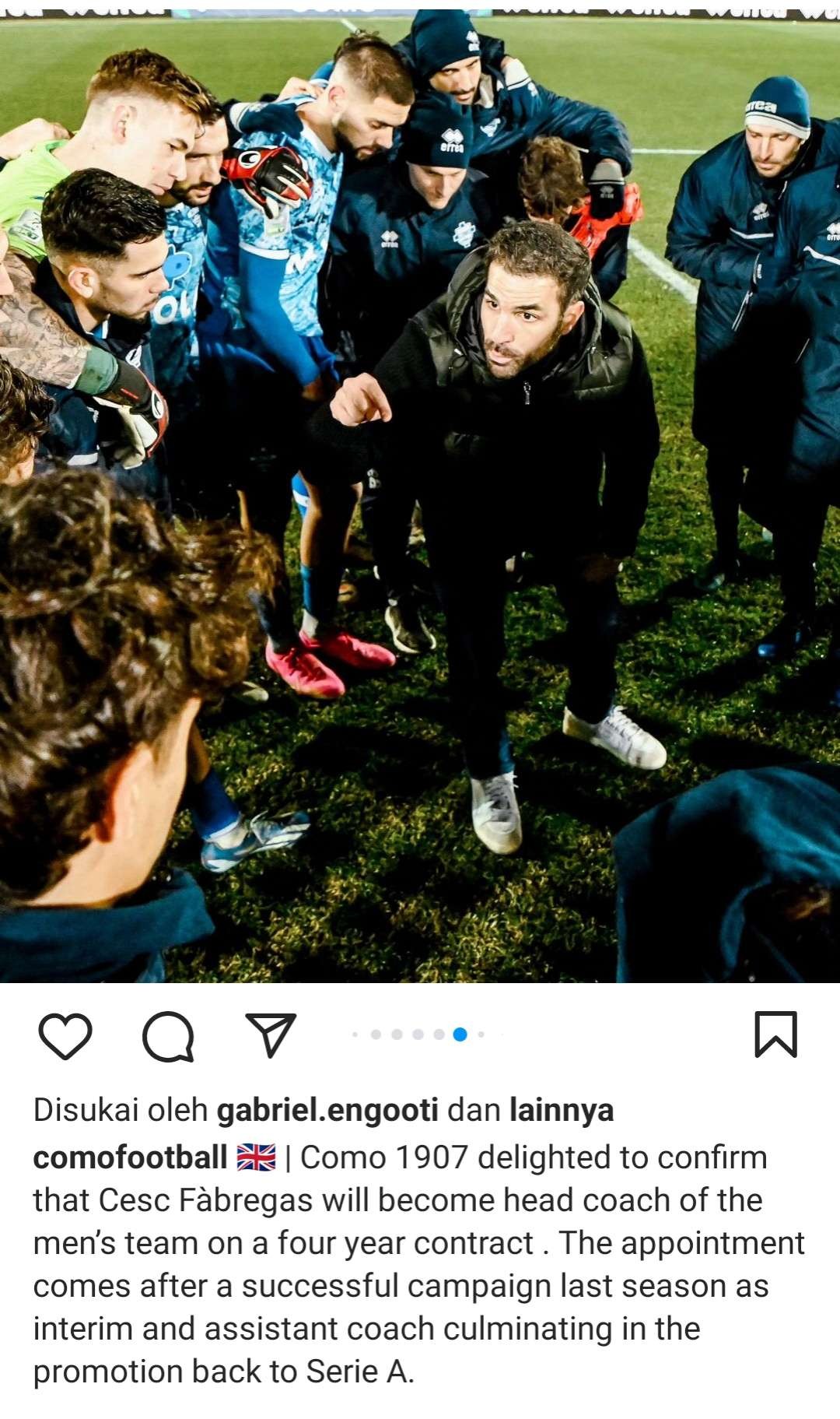 Pengumuman Como 1907 dengan pelatih Cesc Fabregas. (Foto: Instagram)