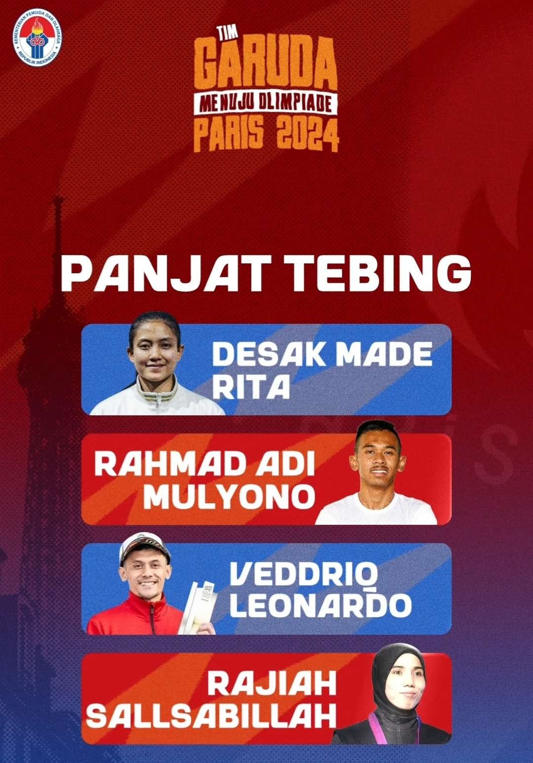 Daftar atlet panjat dinding Olimpiade Paris 2024. (Foto: Instagram Kemenpora)