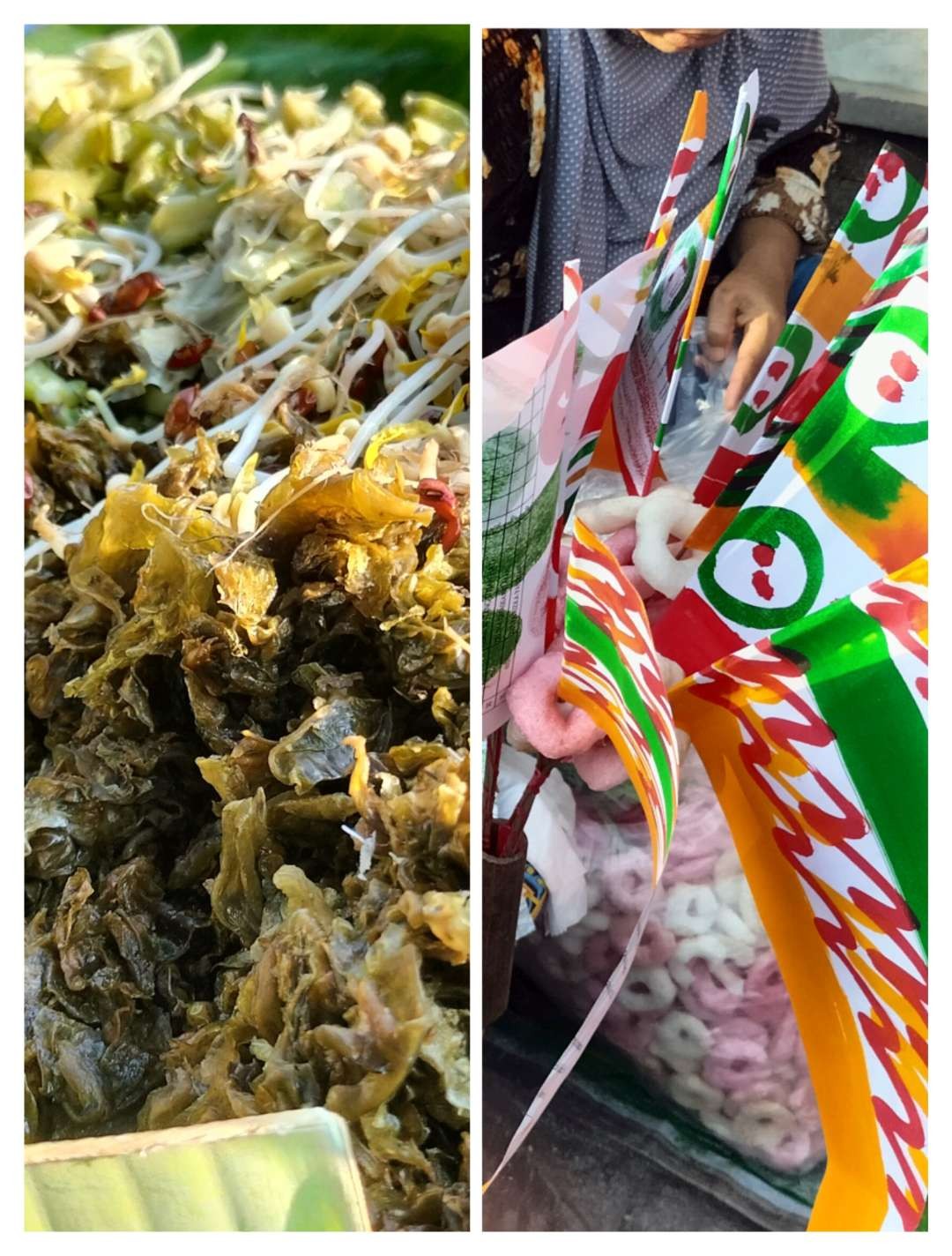 Sayuran urap-urap lumut (kiri) dan jajanan ladu berupa kerupuk dihias bendera kertas warna-warni khas Pasar Jumat Legi, Desa Jogosatru, Sukodono, Sidoarjo, Jawa Timur. (Foto: Yasmin Fitrida/Ngopibareng.id)