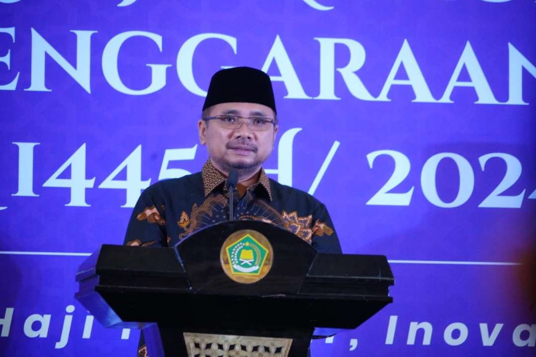 Menteri Agama Yaqut Cholil Qoumas saat membuka Rakernas Evaluasi Penyelenggaraan Haji di Jakarta. (Foto: Dok Kemenag)