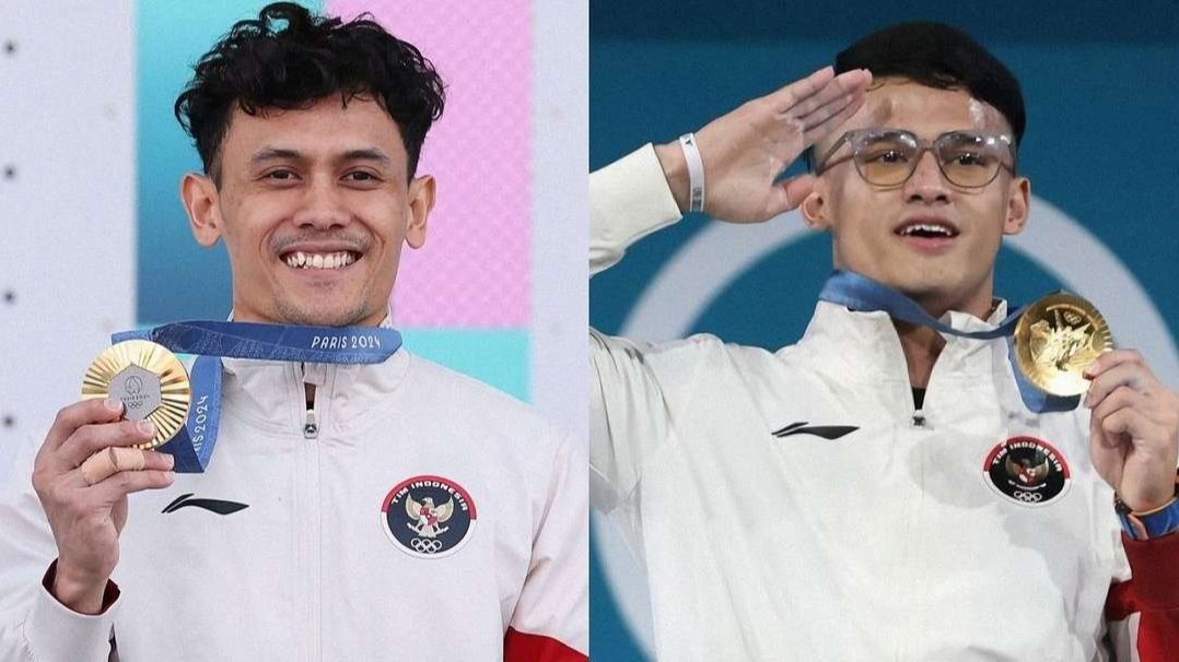 Veddriq Leonardo (kiri) dan Rizki Juniansyah meraih medali emas untuk Indonesia di Olimpiade Paris 2024. (Foto: Istimewa)