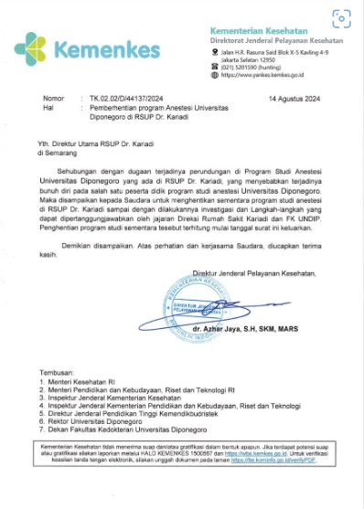 Surat dari Direktur Jenderal Pelayanan Kesehatan Kementerian Kesehatan (Kemenkes) RI. (Data: bereda di medsos)