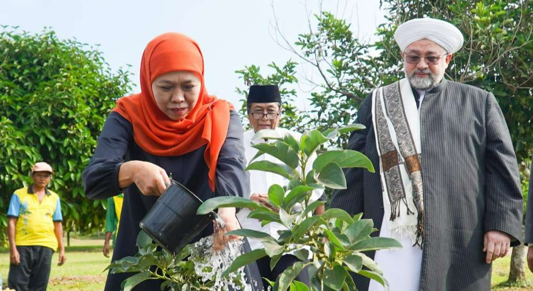 Ketua Umum PP Muslimat, Khofifah Indar Parawansa, saat menunjukkan tanaman alpukat kepada Syekh Afeefuddin Al-Jailani. (Foto: Dok. Khofifah)