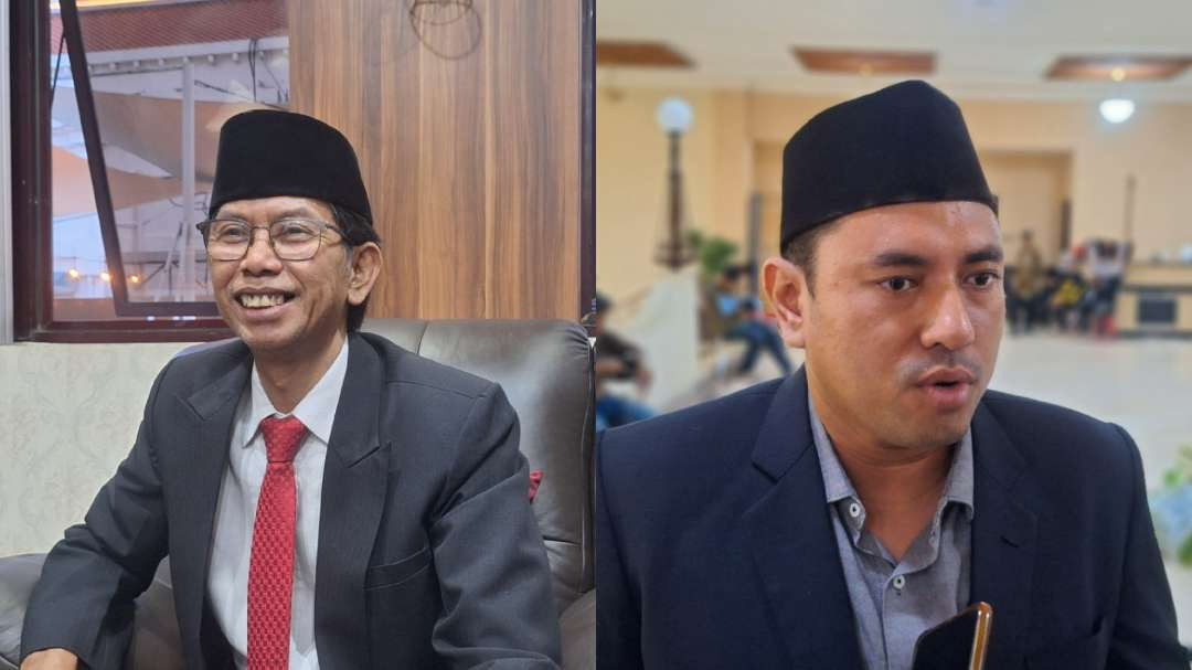 Politikus PDIP Adi Sutarwijono (kiri) dan politikus Partai Gerindra, Bahtiyar Rifai akan duduk sebagai pimpinan sementara DPRD Kota Surabaya pada periode baru. (Foto: Julianus Palermo/Ngopibareng.id)