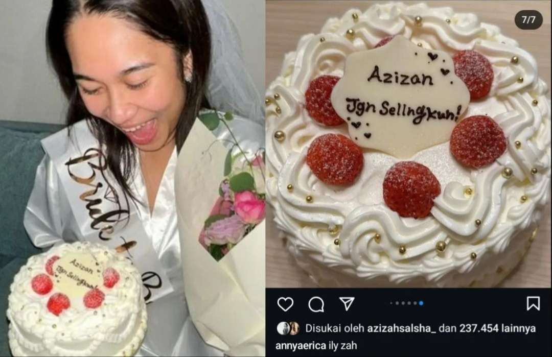 Azizah Salsha sempat dapat kue tart bertuliskan 'jangan selingkuh' menjelang pernikahan dengan Pratama Arhan, 20 Agustus 2023. (Foto: Tangkapan layar)